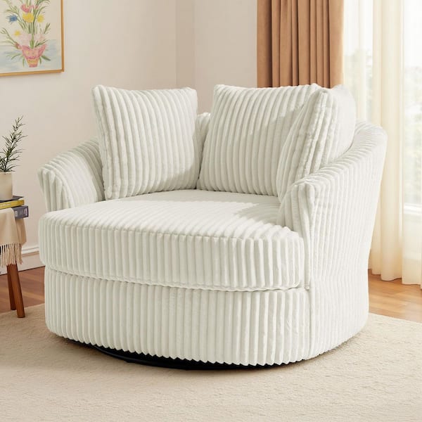 Beige Faux Rabbit Fur Polyester Fabric Upholstered 360° Swivel Accent Barrel Chair (Set of 1)