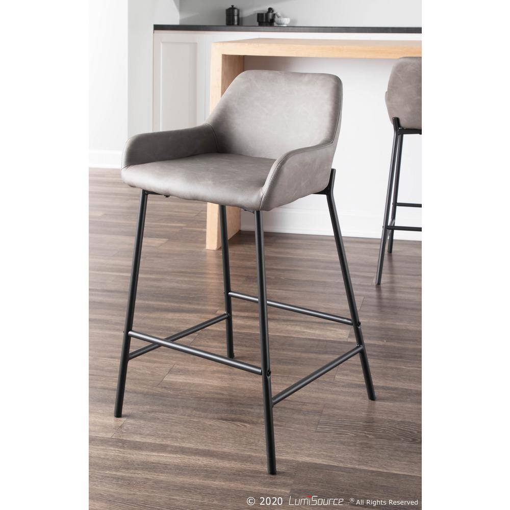 Daniella Industrial Black Metal Frame Counter Stools with Grey Faux Leather - Set of 2