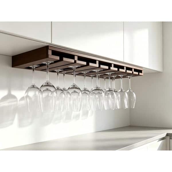 30 in. W x 12 in. D x 1.5 in. H Dark Caramel Plywood Under Cabinet Wine Glass Rack Stemware Organizer