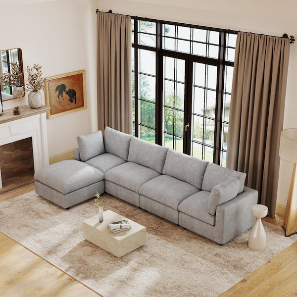 J&E Home 5-piece Gray Chenille Sectional Sofa 134 in. W Modular