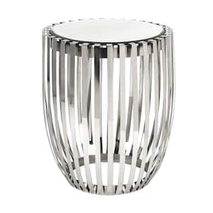 20 in. Silver Round Mirror Top End Table with Polished Steel Ribs