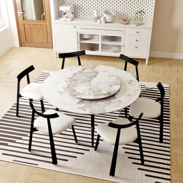 59.05 in. Modern Round White Rotary Lazy Susan Sintered Stone Dining Table with Gold Carbon Steel Legs (Seat 8)