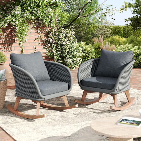 Unbranded (Set of 2) Contemporary Minimalist Gray Wicker Outdoor Rocking Chair with Soft Polyester Cushions and Durable Wood Frame