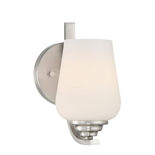 Shyloh 4.875 in. 1-Light Brushed Nickel Vanity Light with Etched Opal Glass Shade
