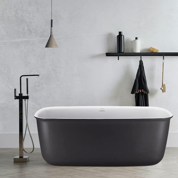 UPIKER 63 in. Acrylic Flatbottom Non-Whirlpool Bathtub with Roll Top Freestanding Soaking Bathtub in Gray