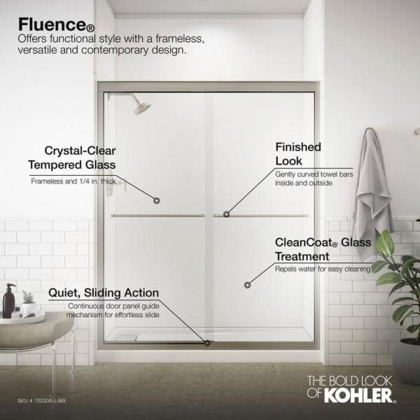 KOHLER Fluence 59.625 in. W x 58 in. H Sliding Frameless Bathtub Door in Anodized Matte Nickel with Crystal Clear Glass