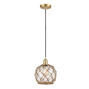 Farmhouse Rope 1-Light Satin Gold Globe Pendant Light with Clear Glass with Brown Rope Glass and Rope Shade