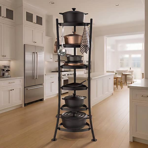 Solid Metal 6-Tier Freestanding Pot Rack with 6 Hooks, 264 lbs. Capacity, Black Finish (Unassembled)