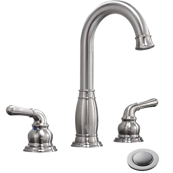 Phiestina 3-Hole 8 inch 2-Handle Widespread Brushed Nickel Bathroom Faucets with Valve and Metal Pop-Up Drain Assembly