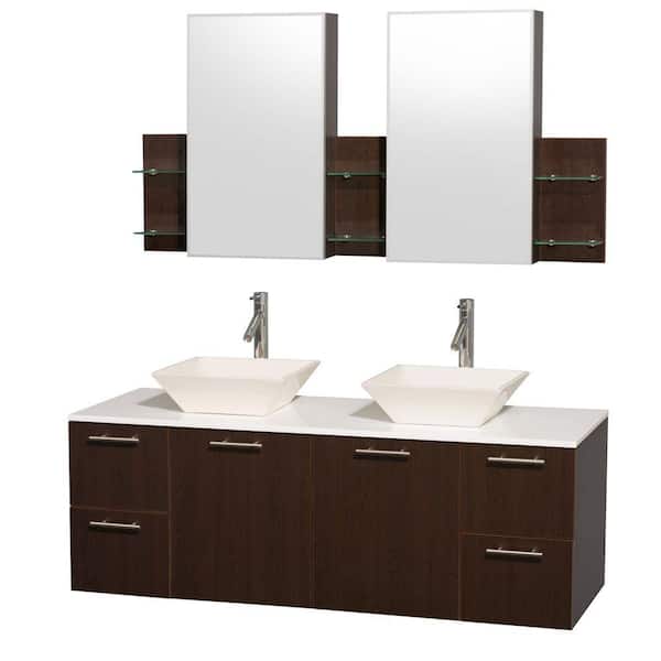 Wyndham Collection Amare 60 in. Double Vanity in Espresso with Man-Made Stone Vanity Top in White and Bone Porcelain Sinks