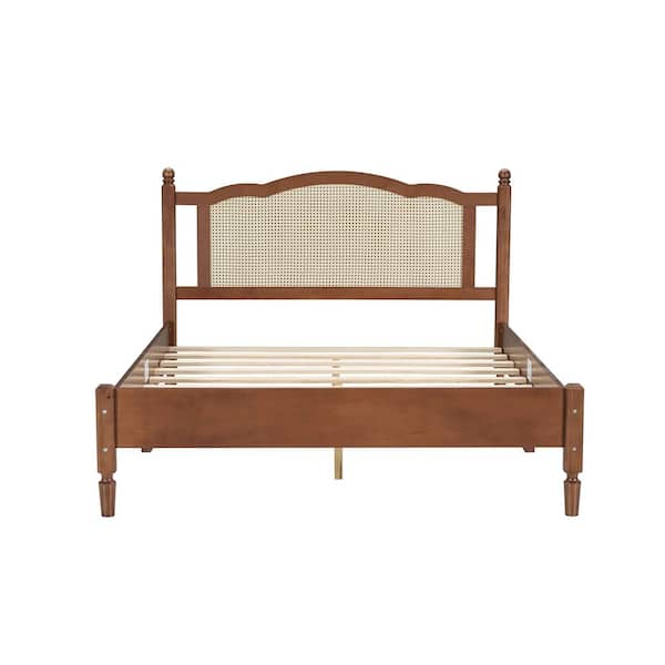 Walnut Wood Frame Queen Size Platform Bed with Natural Rattan Headboard, Wooden Slat Support