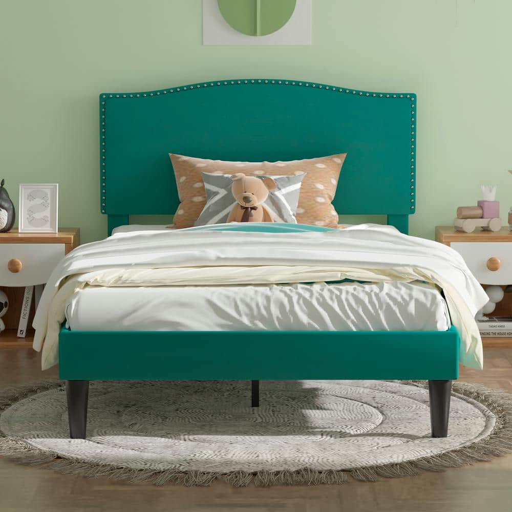 VECELO Upholstered Bed Green Metal Frame Twin Platform Bed With ...