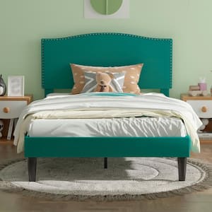 Upholstered Bed Green Metal Frame Twin Platform Bed with Upholstered Headboard and Wooden Slats Support