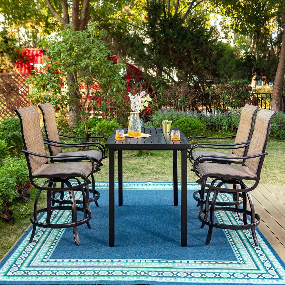 Phi Villa 5-piece outdoor bar height dining set with a rectangular table and four swivel bar stools.