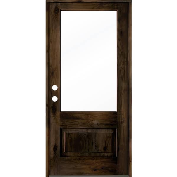 Krosswood Doors 36 in. x 80 in. Farmhouse Knotty Alder Right-Hand/Inswing 3/4-Lite Clear Glass Black Stain Wood Prehung Front Door