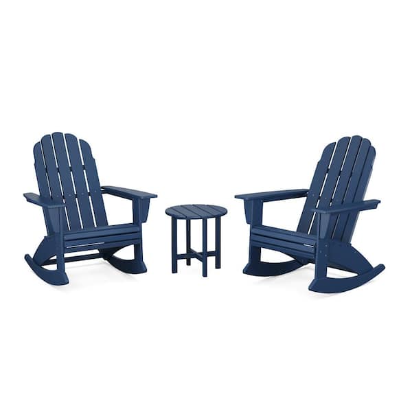 POLYWOOD Vineyard Curveback Adirondack Rocking Chair Navy 3-Piece HDPE Plastic Patio Conversation Set