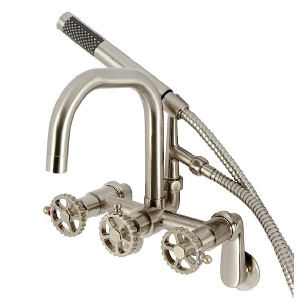Kingston Brass Fuller 3-Handle Wall-Mount Clawfoot Tub Faucet with Hand Shower in Brushed Nickel