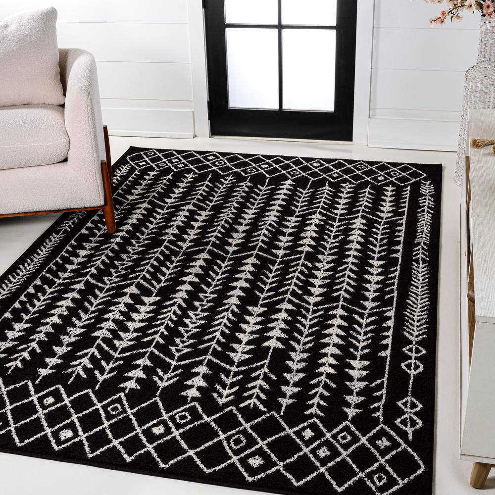 3' x 5' Black and Cream Synthetic Moroccan Geometric Area Rug