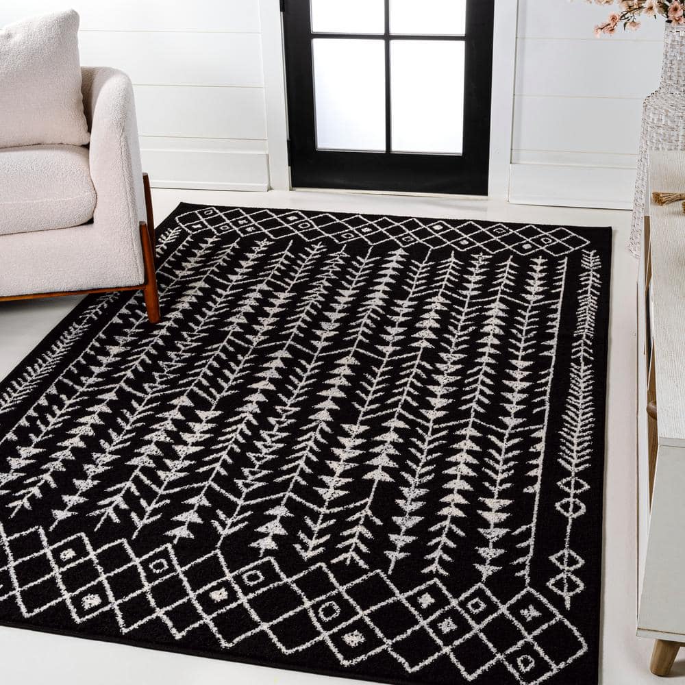 3' x 5' Black and Cream Synthetic Moroccan Geometric Area Rug