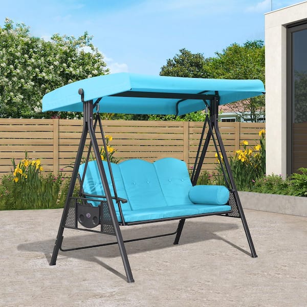 PURPLE LEAF 3-Person All-Weather Steel Frame Patio Porch Swing Adjustable Tilt Canopy, Cushions and Pillow Included, Turquoise Blue