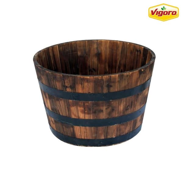 Vigoro 26 in. Jackson Extra Large Brown Wood Barrel Planter (26 in. D x 16.5 in. H) with Drainage Hole