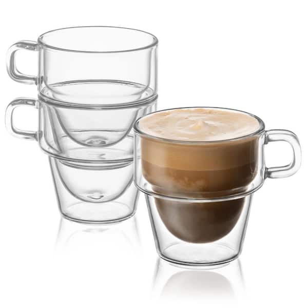 Espresso Cups Set of 4 w/ Button Coasters for Drinks - Stackable Glass Mugs for Coffee Fitted on Espresso Machine - Insulated Double Wall Glass