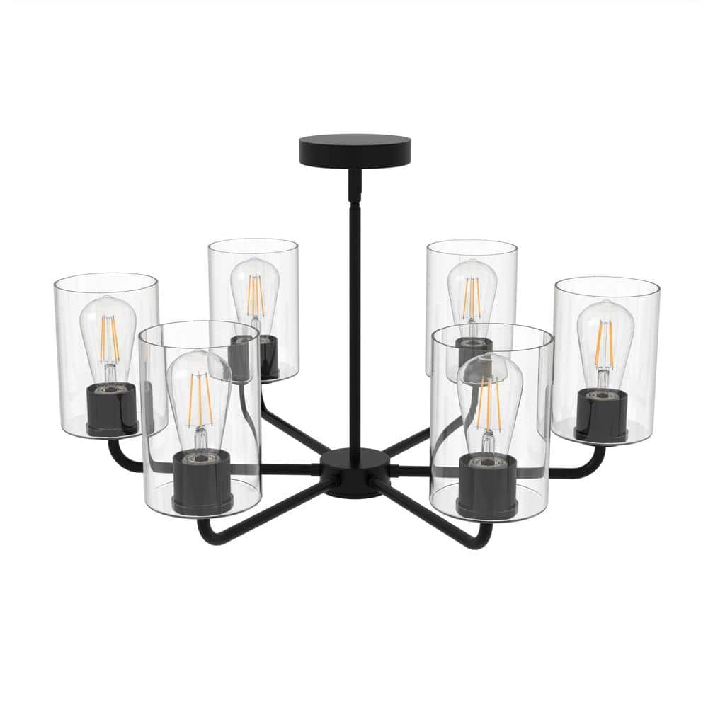 28 in. 6-Light Black Modern Semi-Flush Mount Pendant Lighting, Adjustable Height with Glass Shades for Dining Room price history on PriceWatchPro