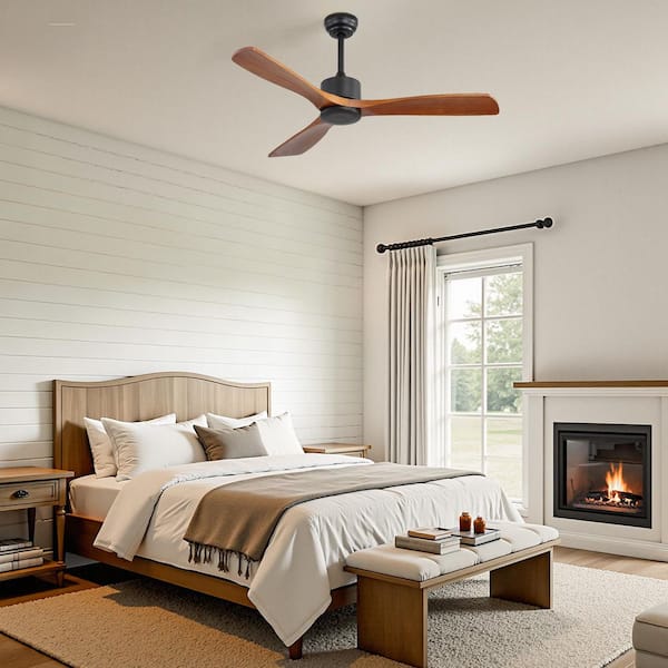 52 in. Solid Wood Indoor/Outdoor Modern Matte Black Standard Ceiling Fan No Light With 6-Speed Downrod Remote Control
