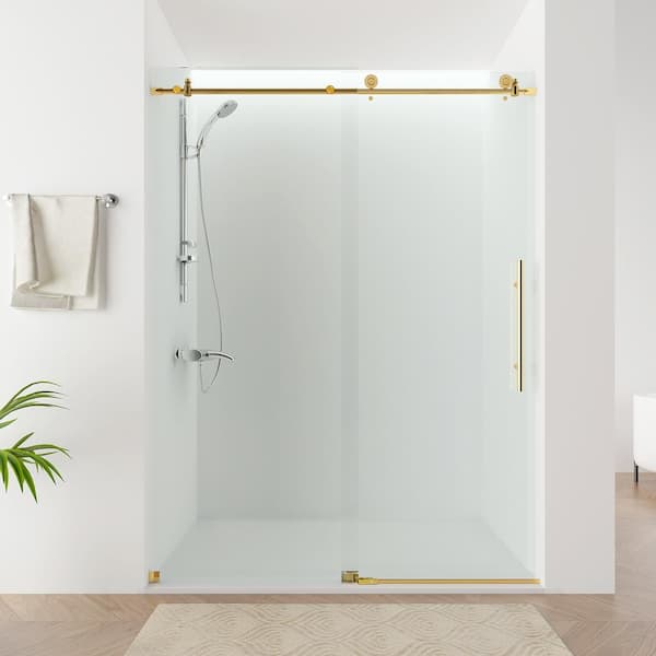 56–60 in. W x 76 in. H Frameless Sliding Shower Door in Titanium Gold with Explosion-Proof Clear Glass