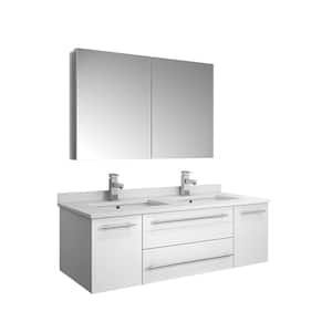 Lucera 48 in. W Wall Hung Vanity in White with Quartz Double Sink Vanity Top in White with White Basins,Medicine Cabinet