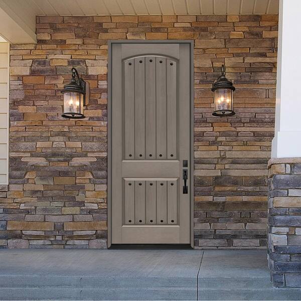 Regency 36 in. x 96 in. 2 Panel Plank Universal Handing Ashwood Stain Fiberglass Front Door Slab with Clavos