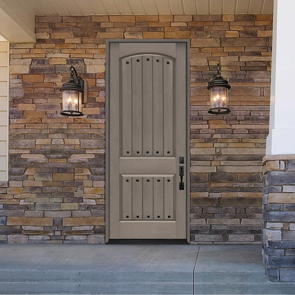 Regency 36 in. x 96 in. 2 Panel Plank Universal Handing Hickory Stain Fiberglass Front Door Slab with Clavos