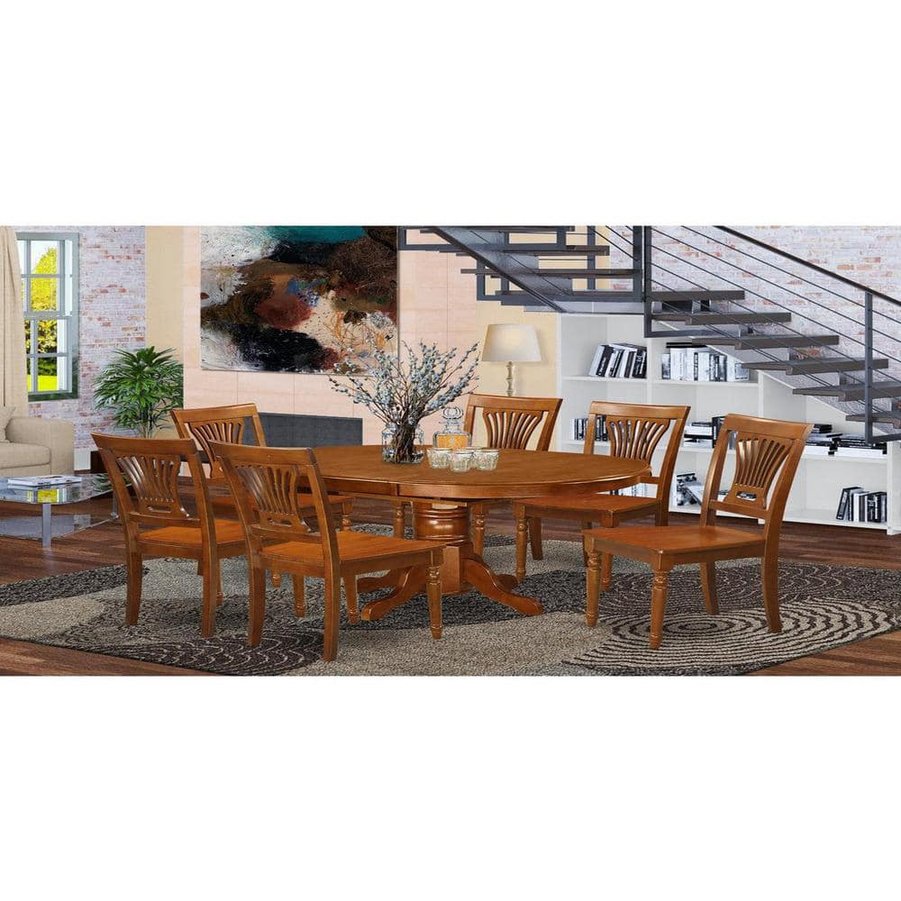 Saddle Brown Oval Wood Dining Table Set with 6 Chairs