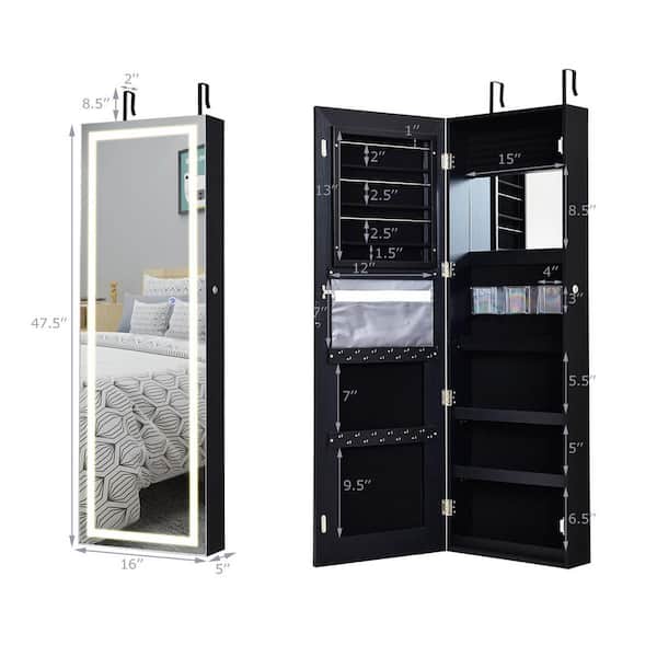 Door Wall Mount Touch Screen LED Light Mirrored Jewelry Cabinet Storage Lockable 