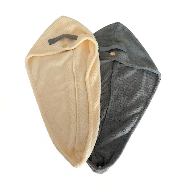 Beige and Gray Microfiber Hair Drying Towels 2-Pack Quick-Dry Super Absorbent Hair Turbans