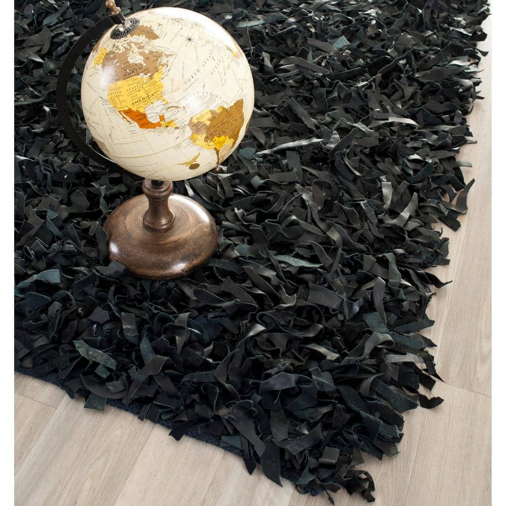 Contemporary Black Leather Hand-Knotted Shag Rug 8' x 10'
