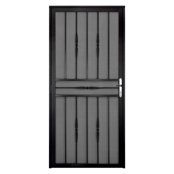 Unique Home Designs 36 in. x 80 in. Cottage Rose Black Recessed Mount Steel Security Door with Expanded Metal Screen and Nickel Hardware