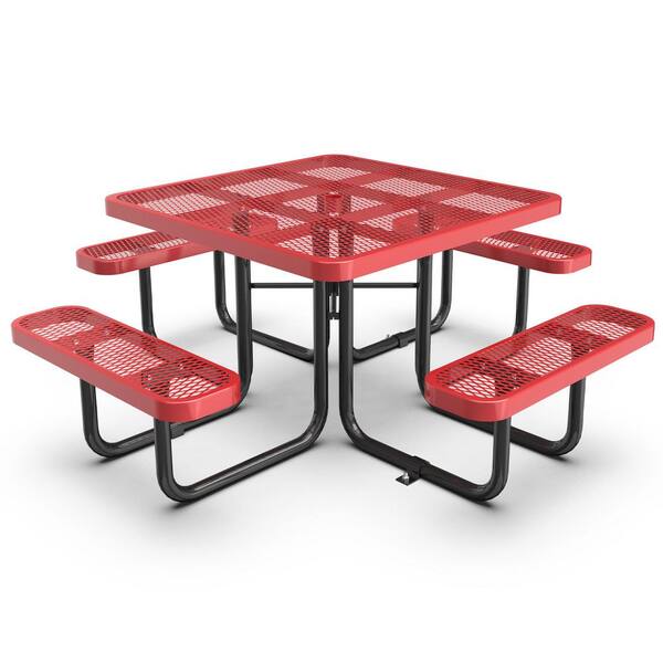 Sudzendf 76.6 in. Red Square Steel Picnic Table Seats 4-8 People with 1.9 in. Umbrella Hole