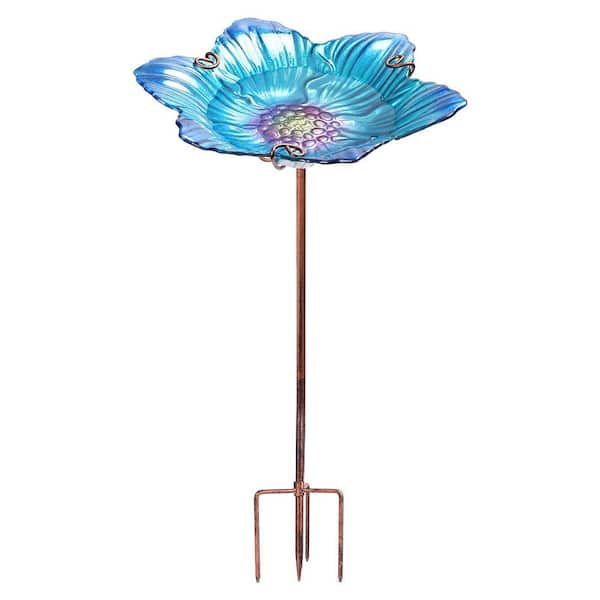 MUMTOP Blue Glass Birdbath Birdfeeder with Metal Stake Garden Yard Outdoor