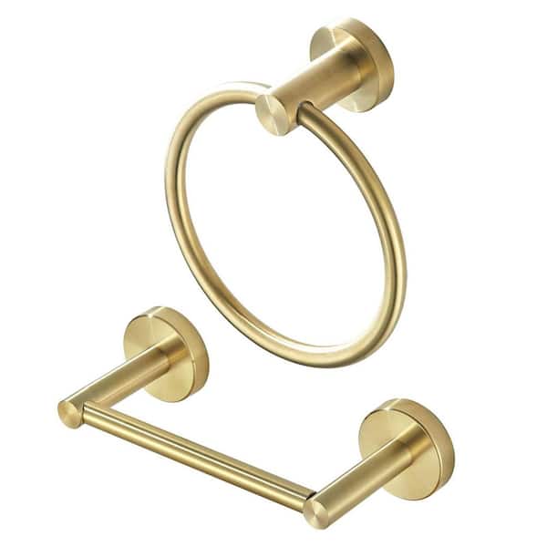 2-Piece Bath Hardware Set Included Toilet Paper Holder and Towel Ring in Gold, Made of High-Quality Stainless Steel