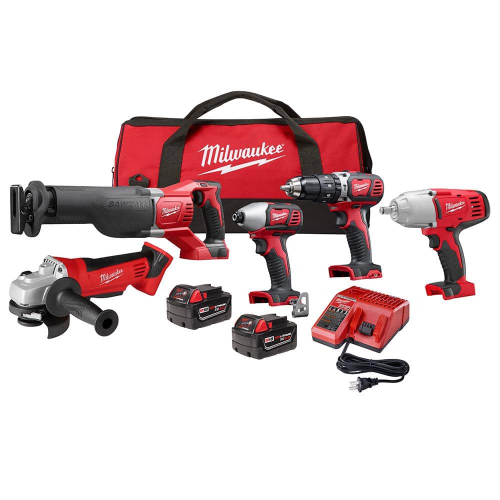 Milwaukee M18 18 Volt Lithium Ion Cordless Combo Tool Kit 5 Tool With Two 3 0 Ah Batteries Charger And Tool Bag 2697 25 The Home Depot