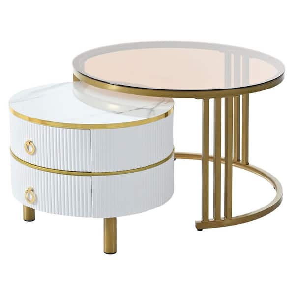 Sudzendf White Stackable 27.5 in. Round Tempered Glass Coffee Table Nesting Tables with 2-Drawers