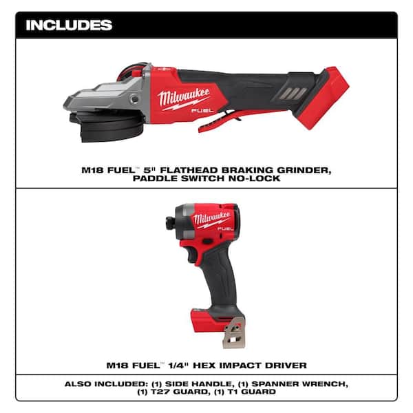 M18 FUEL 18V Lithium-Ion Brushless Cordless 5 in. Flathead Braking Grinder with Paddle Switch No-Lock w/ Impact Driver