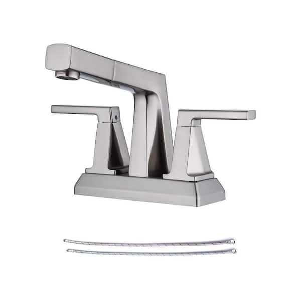 RAINLEX 4 in. Centerset Double Handle Arc Bathroom Faucet with Pull Out Sprayer, Supply Line Included in Brushed Nickel
