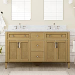 60 in. W x 22 in. D x 35 in. H Double Sink Freestanding Bath Vanity in Natural Oak with White Engineered Stone Top