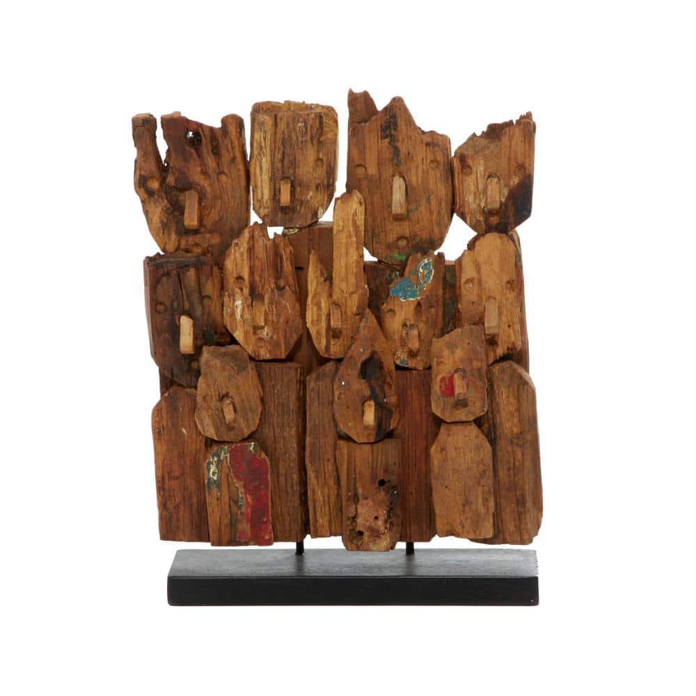 Brown Teak Wood Handmade Carved Abstract Sculpture with Faces