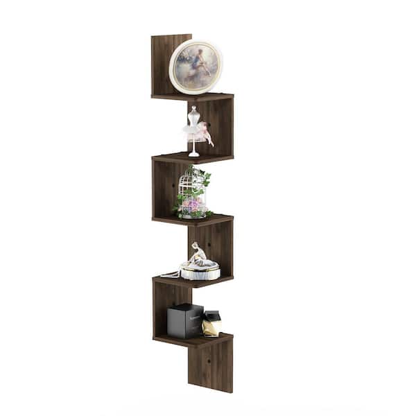 Furinno 5 Tier Columbia Walnut Wall Mount Floating Corner Square Shelf