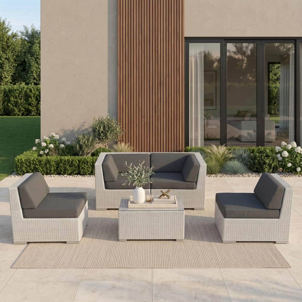 Gray 5-Piece Wicker Patio Seating Set with Sunbrella Coal Cushions