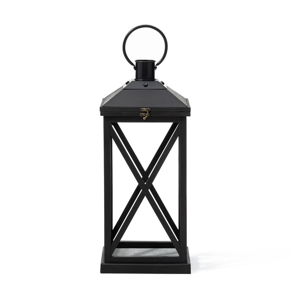 Distressed Black Wood and Metal Floor Candle Lanterns Set