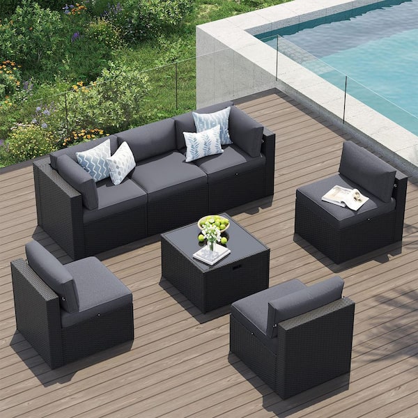 Sizzim Black 7-Piece Wicker Rattan Outdoor Patio Conversation Seating Set with Gray Cushions, Coffee Table